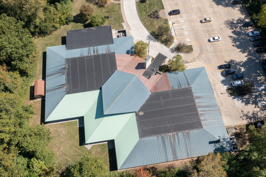 Aerial Image of Library Highlighting New Roof Elements