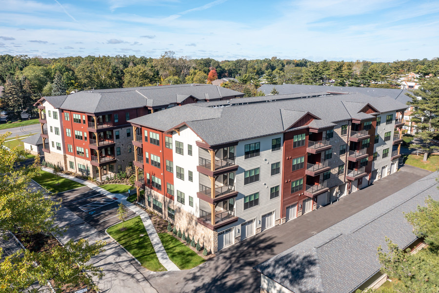 Aerial image of 4 story senior living complex exterior